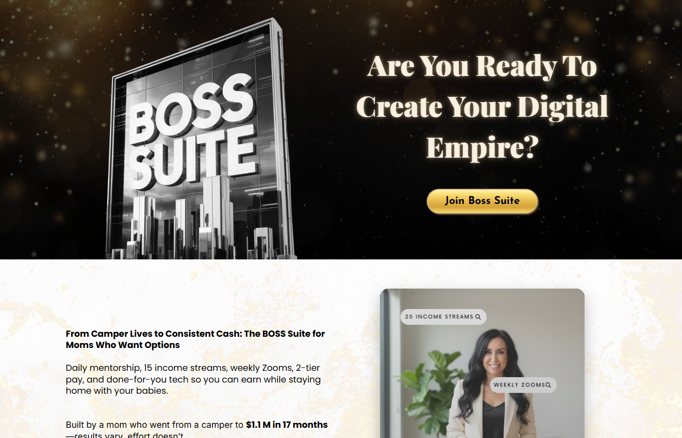 Boss Suite vs SWC 2026 — Boss Suite official sales page showing Madison Hatten program pricing and income streams