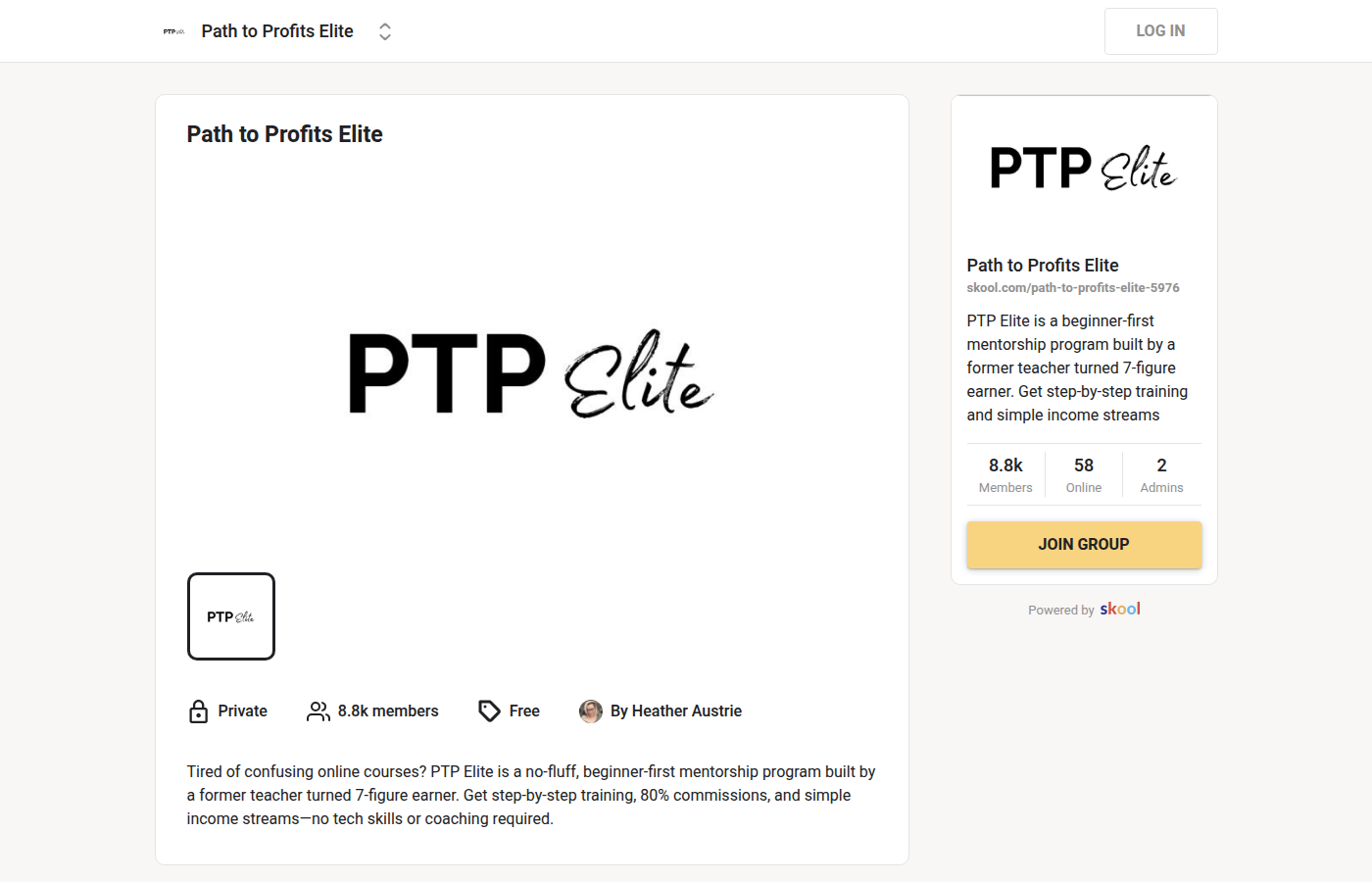 P2P Elite review 2026 — Path to Profits Elite Skool community page showing program overview